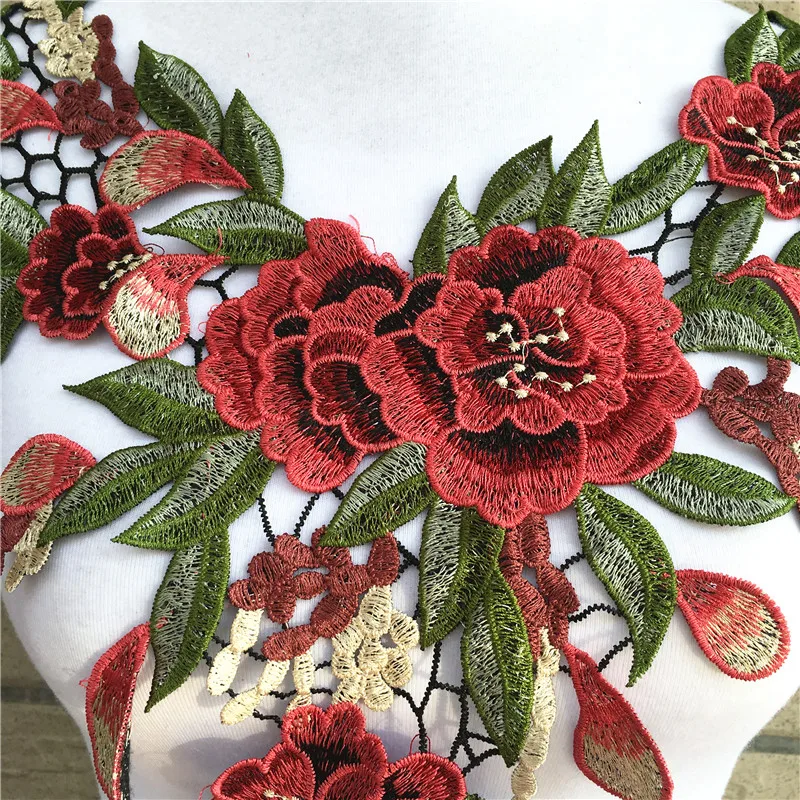 1pc Green/Red Flower Embroidery Applique Pacthes Lace Fabric Neckline Collar Motif Scrapbooking Diy Clothes Sewing