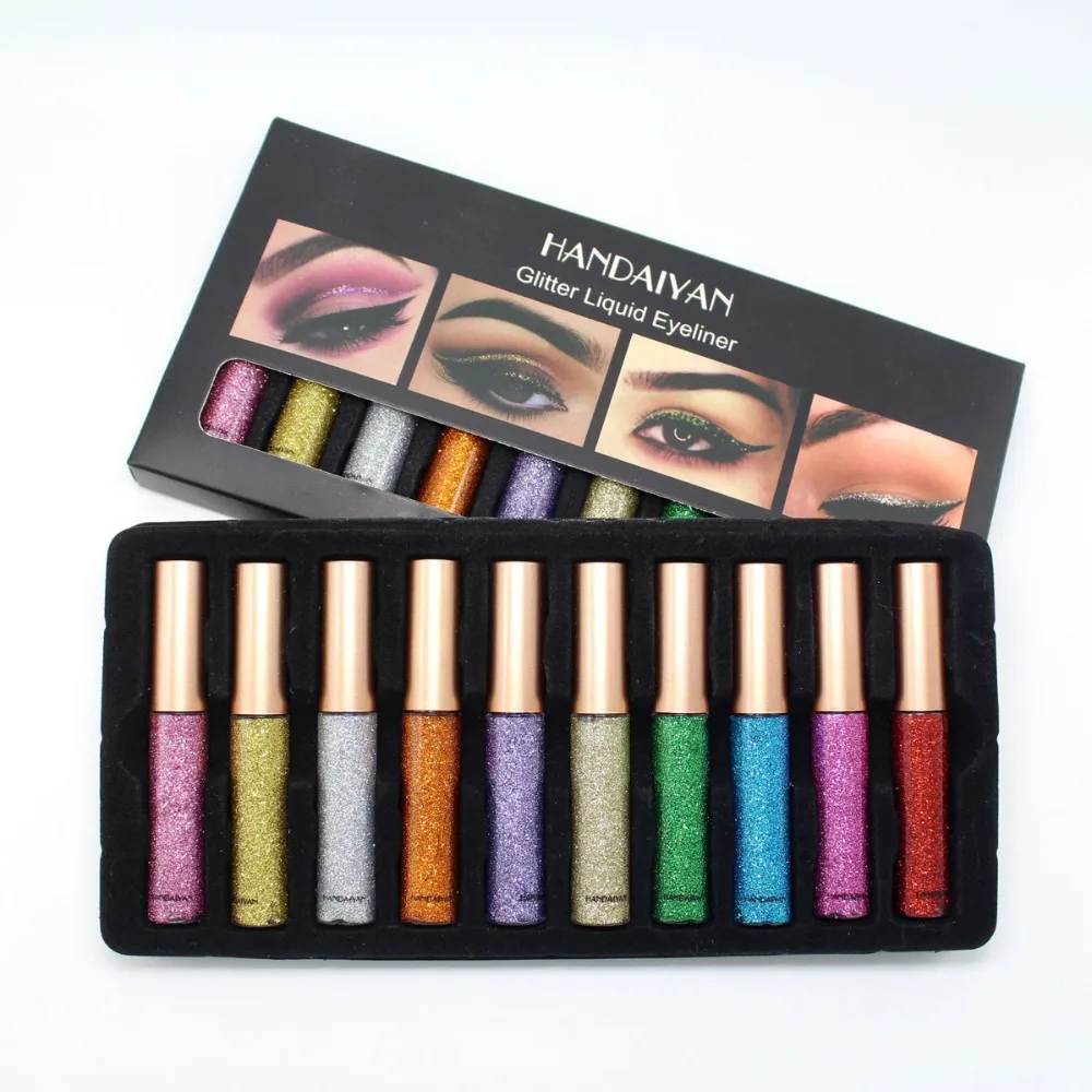 Waterproof HANDAIYAN Liquid eyeliner set glitter colors 10 colors each set easy to wear new in box 3sets/lot  drop shipping