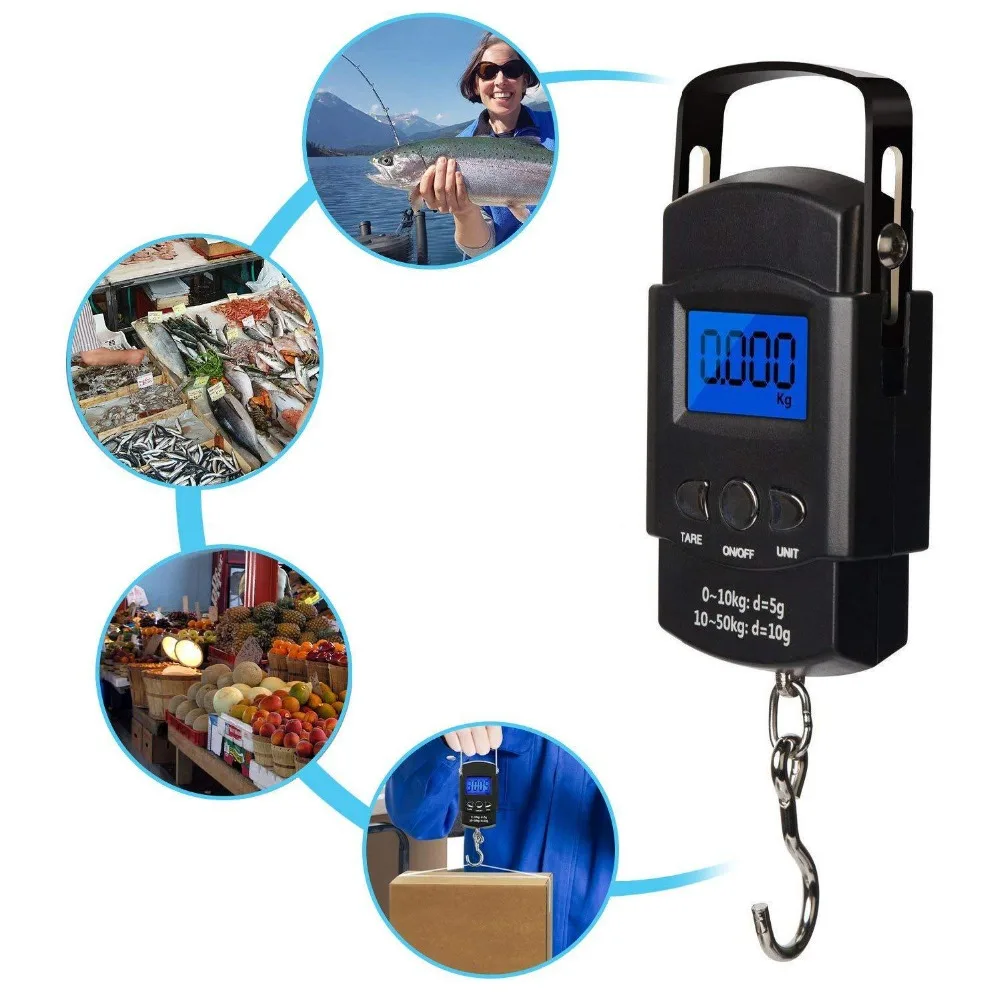 50kg Portable LCD Electronic Hand Scale, Travel Hanging Fish Scale with 1m ruler