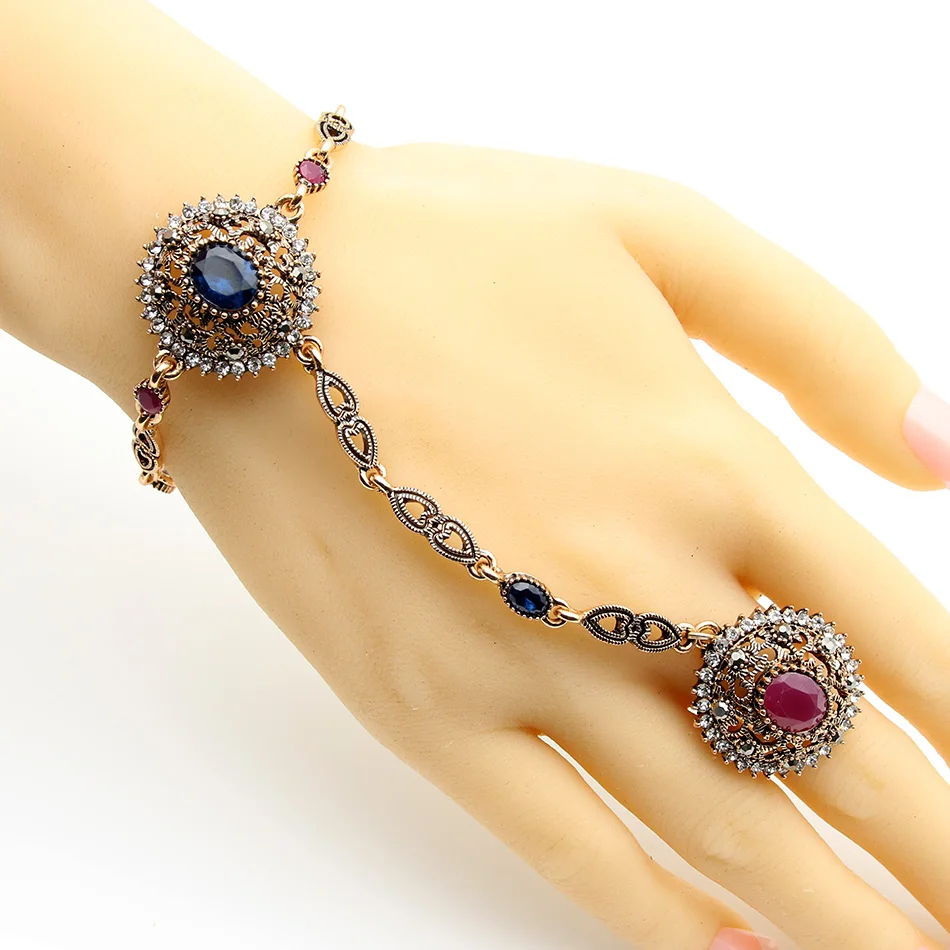 Retro Turkish Adjustable Ring Bracelet Jewelry Sets Women Antique Gold Color Resin Flower Bracelet Arabia Dancer Bridal Jewelry