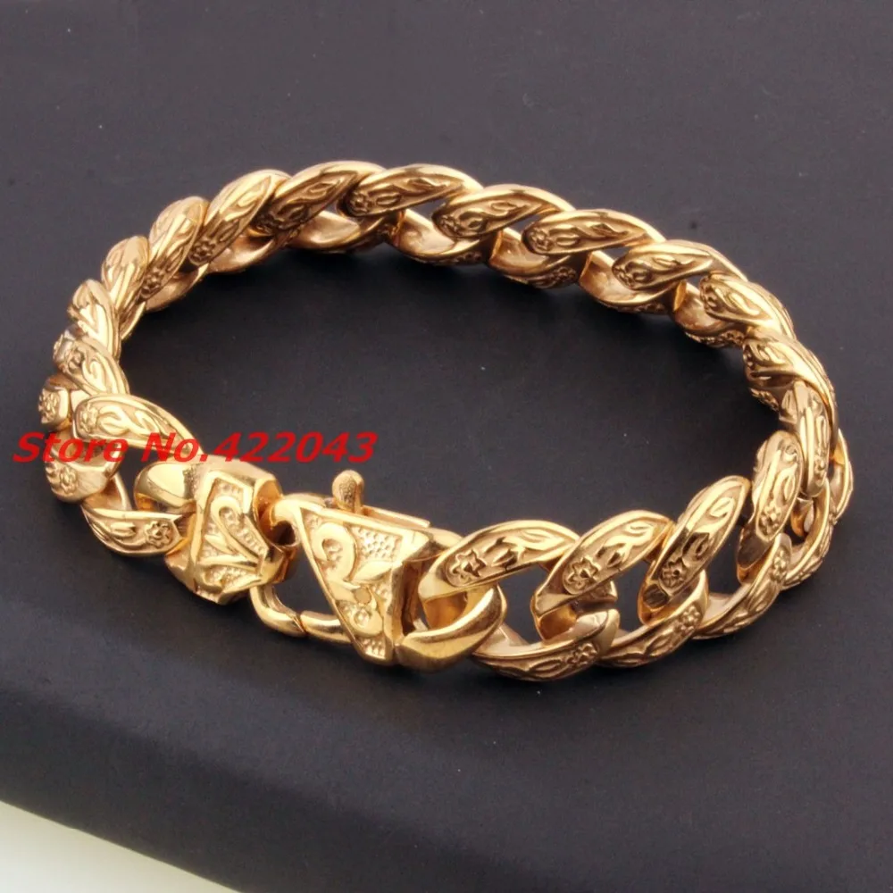 New Fashion Mens Bangle 15mm Solid Gold color  Stainless Steel Cast Flower Cuban Link Chain Bracelet 9\