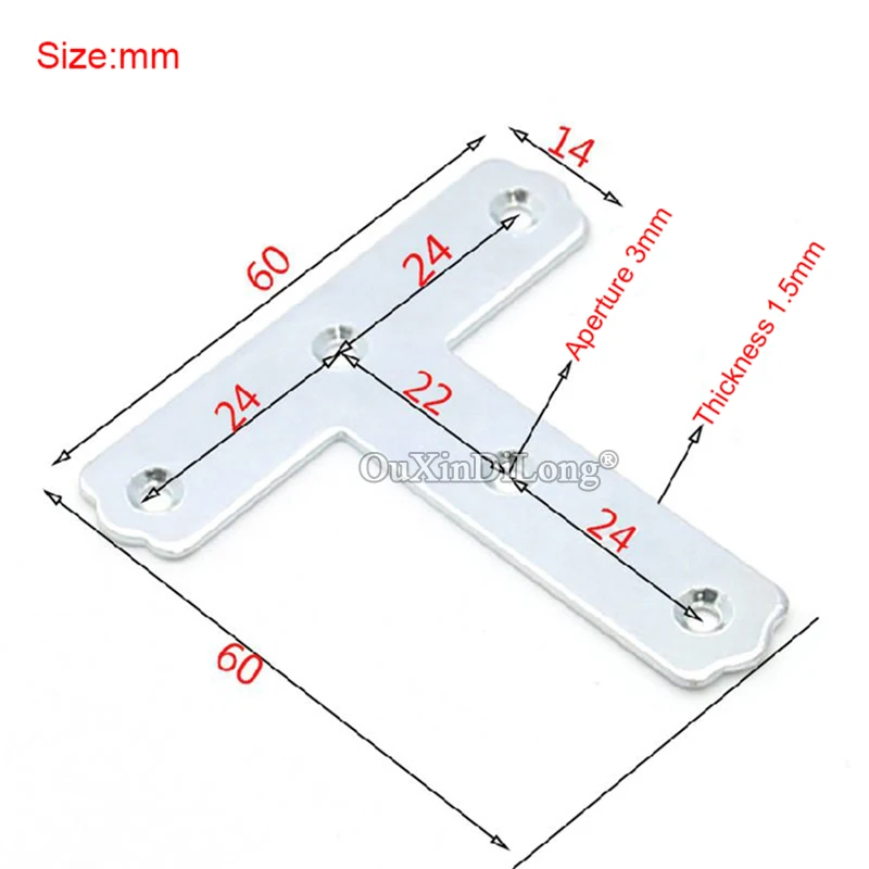 100PCS Metal Flat Corner Braces 14X60X60 T Shape Triangle Reinforced Connect Fittings Board Frame Furniture Fastener Brackets