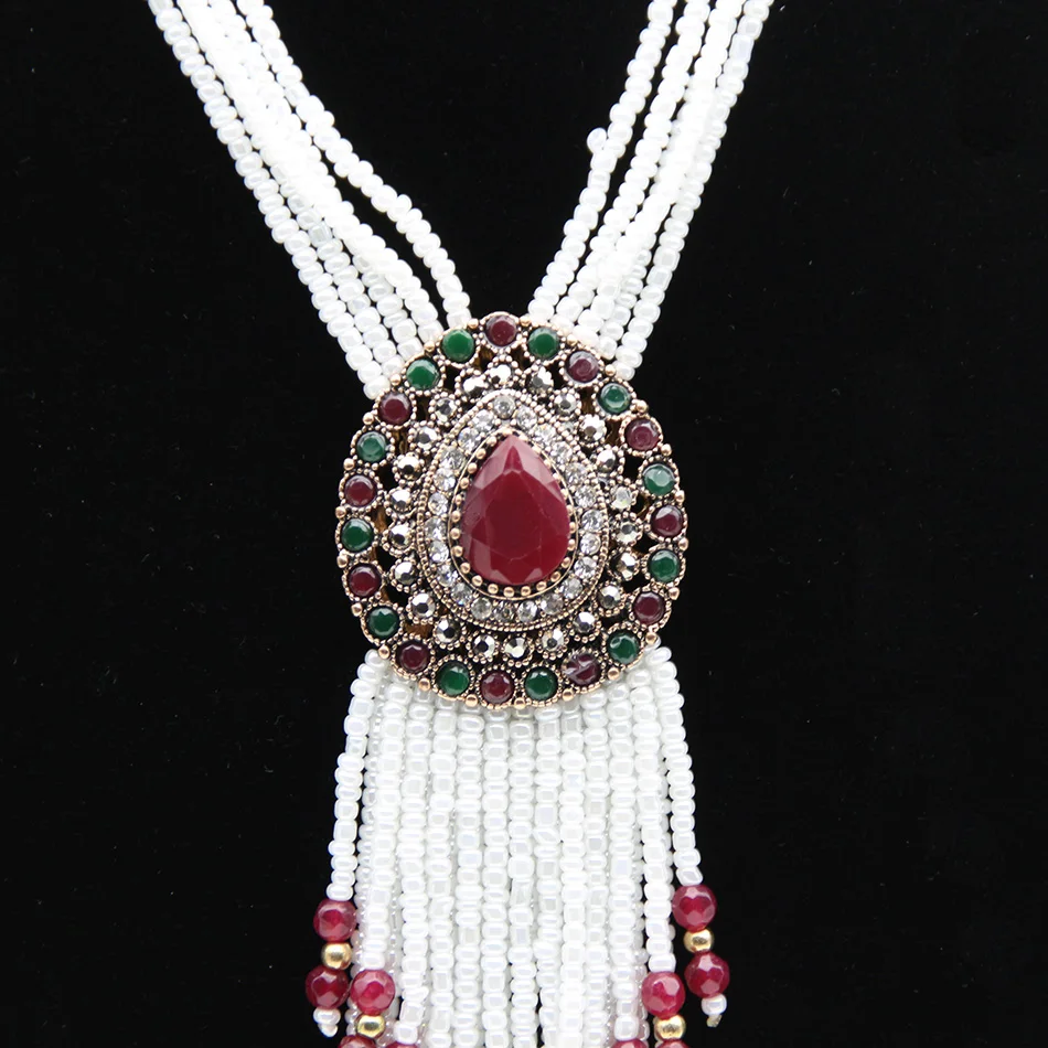 Sunspicems Turkish jewelry Beaded Necklace for Women Long Tassels Necklace Jewelry Indian Drop Water Pendant Wedding Bijoux