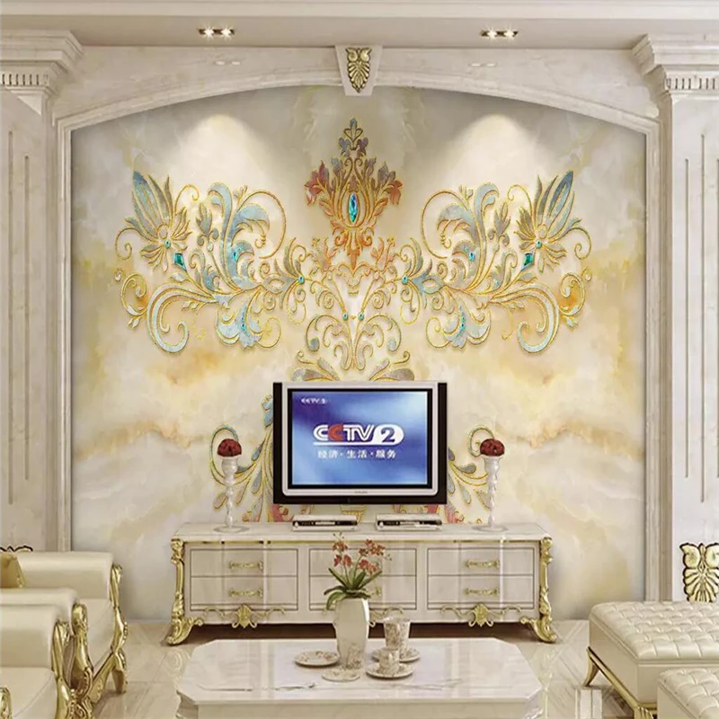 

Decorative wallpaper series High temperature burning european-style veins marble TV background wall royal flying flowers mural