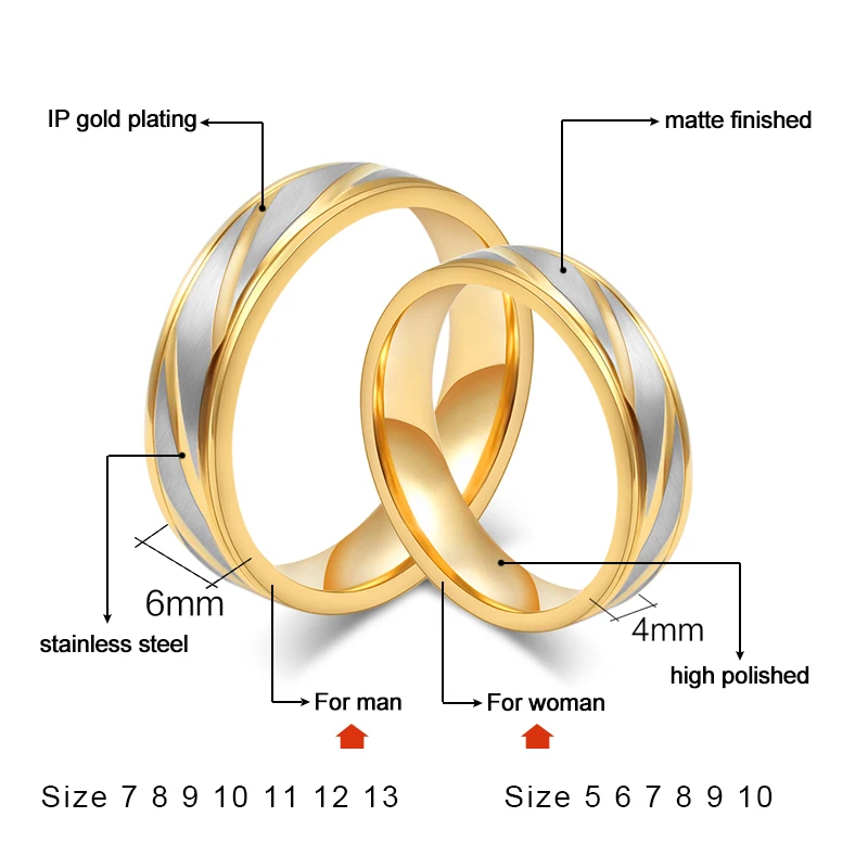 Vnox Classic Wedding Ring For Women Men Gold Color Manual Polishing Couple Gift