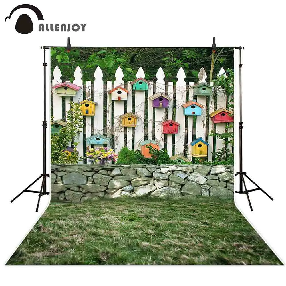 

Allenjoy spring fence photography background brick wall wood garden grass decor backdrop photocall photobooth printed photo prop