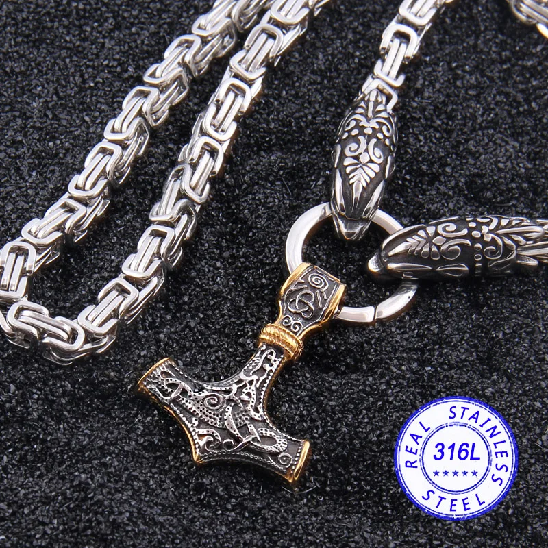 

316L stainless steel never fade Viking wolf head Bamboo chain necklace with mix gold color thor's hammer pendant necklace