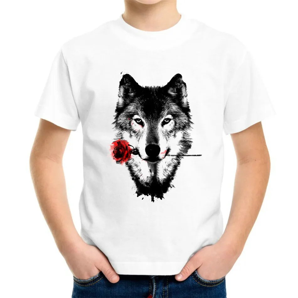 Joyonly 2019 Summer Children Creative White T shirt 3d Printed Black Wolf Rose Kids Cool T-shirt Boys Girls Cool Harajuku Tops