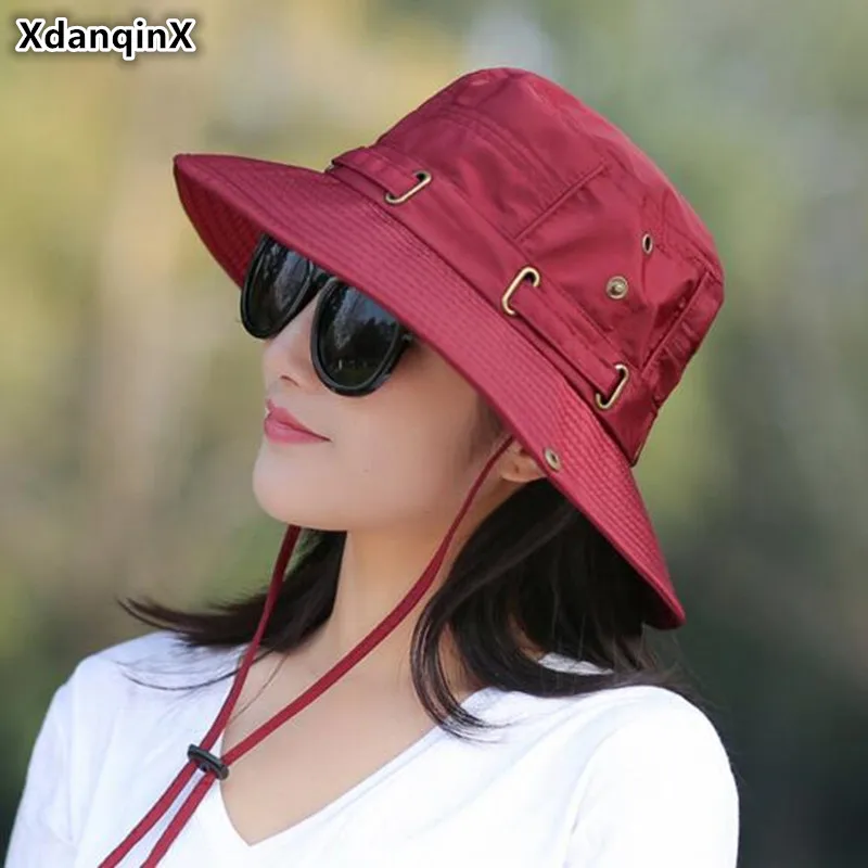 

Foldable Summer Adult Women's Bucket Hats Elegant Visor Wind Rope Fixed Fitted Beach Hats For Women Panama Sunhat