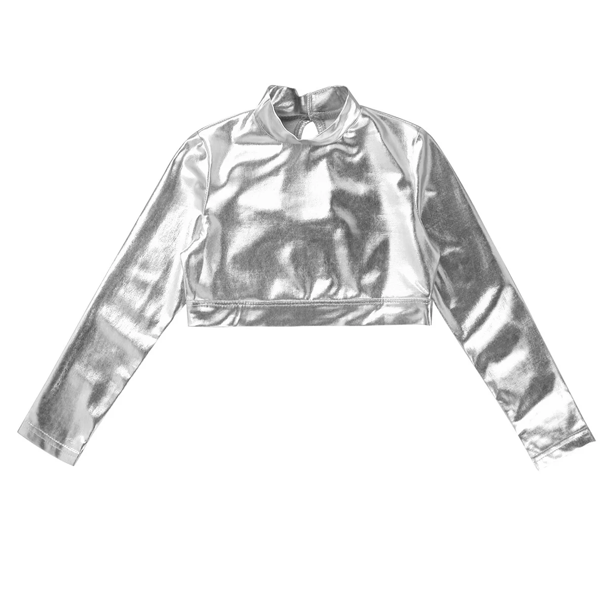 Glossy Shiny Metallic Crop Top Kids Girls Rave Outfits Long Sleeves T-Shirts Mock Neck Short Crop Tops Workout Stage Performance