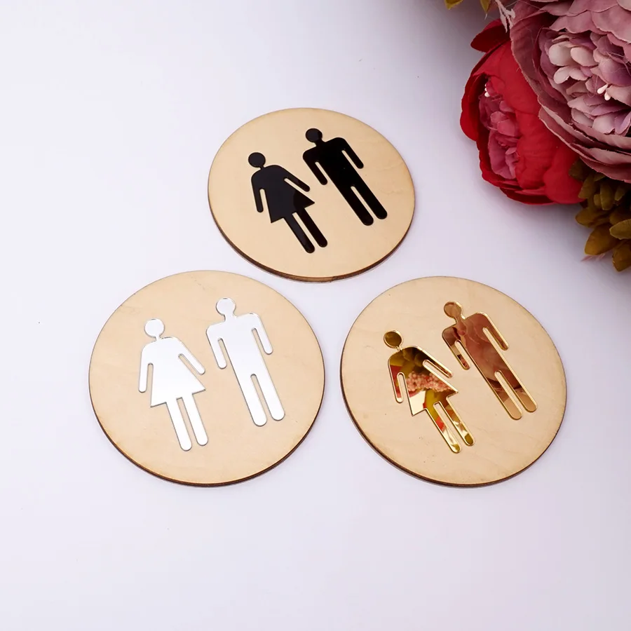 4mm Wooden Round Toilet Door Sign Bathroom WC Acrylic 3d Black Gold Silver Mirror Surface Wall Sticker Home Decor Favor