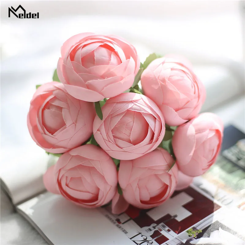 Meldel เจ้าสาวงานแต่งงานดอกไม้ประดิษฐ์ Rose Peony 7 หัวดอกไม้สีชมพูเพื่อนเจ้าสาว Bouquet DIY งานแต่งงานอุปกรณ์