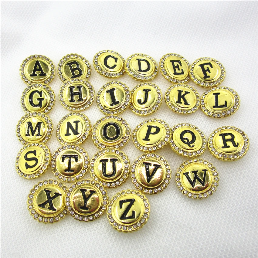 26pcs/lot Gold crystal Letters A-Z Alphabet snap buttons charms for button Bracelet&Bangles DIY Snap Jewelry Charms