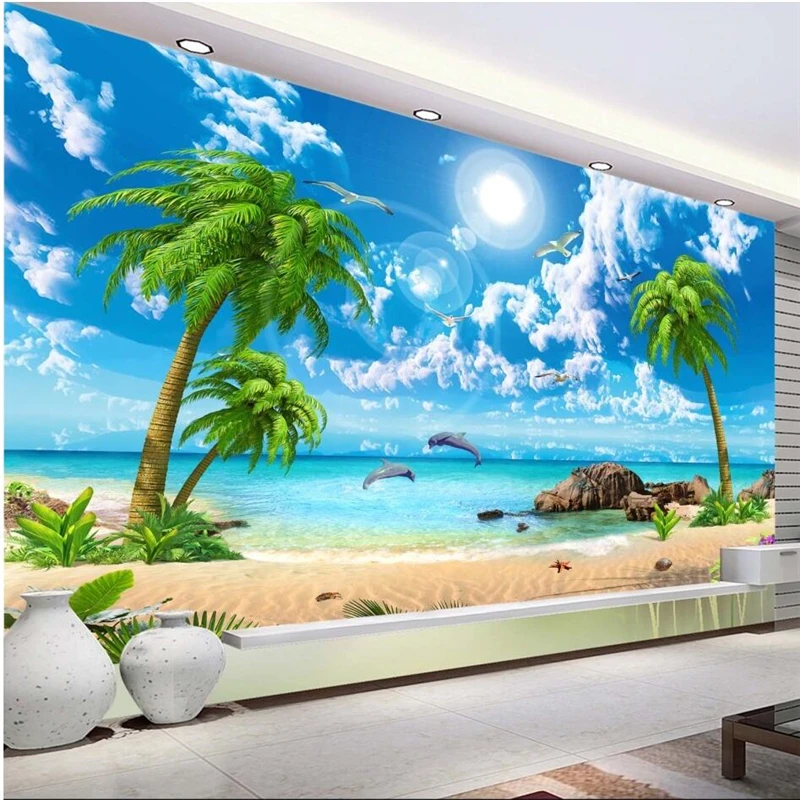 wellyu custom wallpaper HD beautiful dream sea view coconut trees beach scenery TV background wall tapety behang