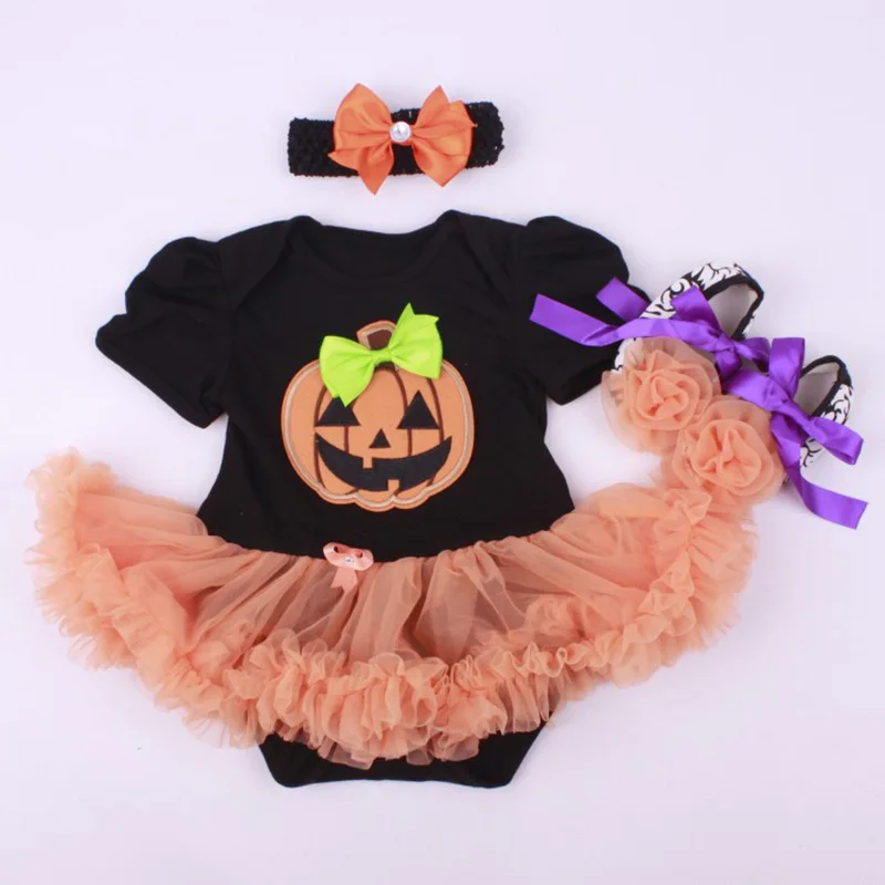 Halloween Baby Girl Clothing Sets Pumpkin Romper Dress Jumpersuit+Headband+Shoes 3pcs Suit Bebe Infant Festival Costumes