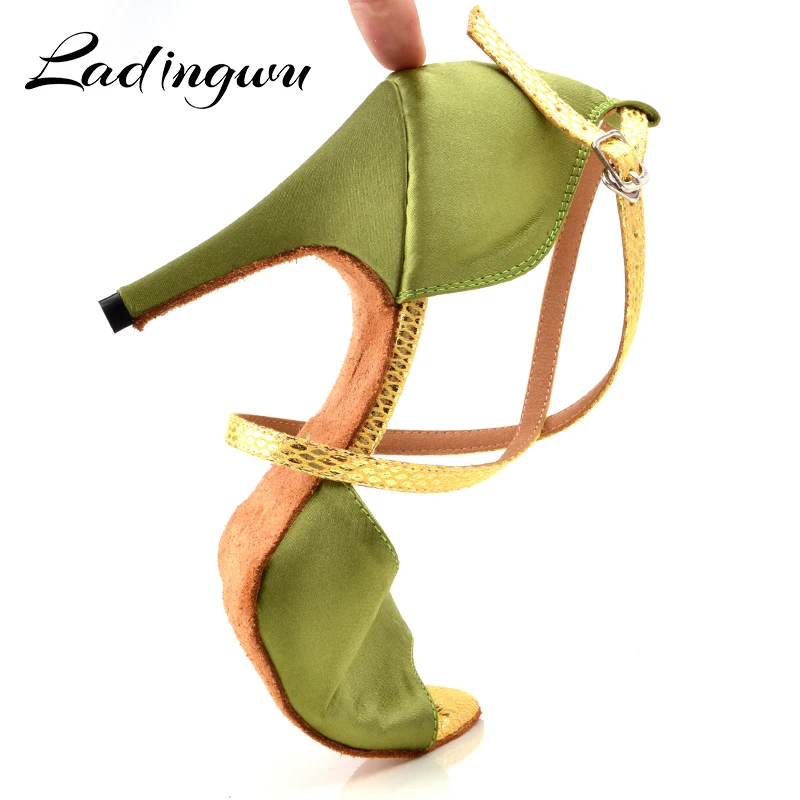 Ladingwu Ladies Dance Shoes Light Green Latin Dance Shoes Women Satin High Heel Ballroom Salsa Shoes Dancing Sandals For Women\'s