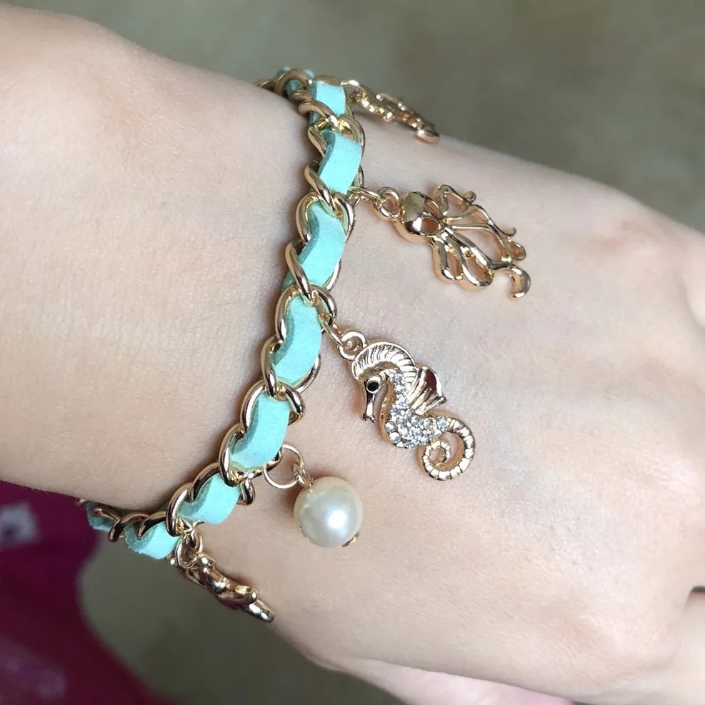 Fashion Bohemia Style DIY Sea Elements Anchor Rudder Starfish Shell Seahorse Octopus Imitation Pearl Charms Bracelet