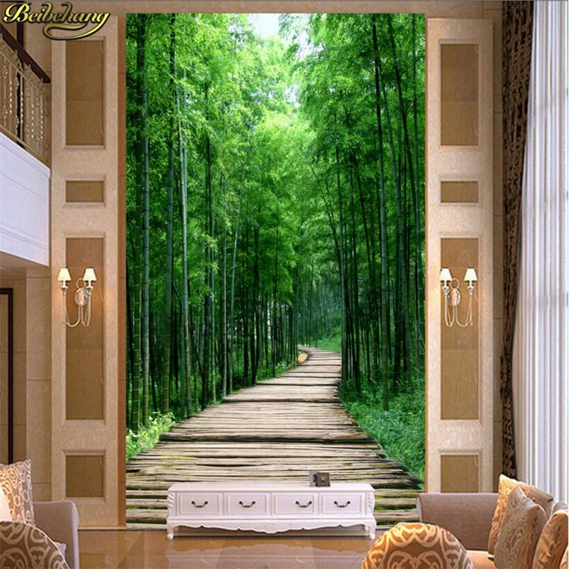 Custom photo wallpaper fresh bamboo forest board path 3D entrance cafe restaurant theme hotel background murals