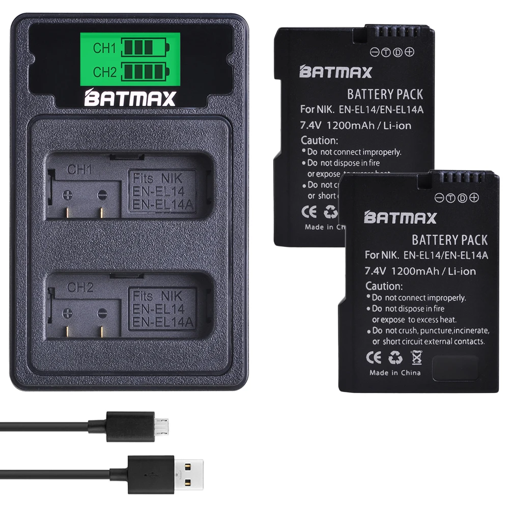 

2Pcs EN-EL14 EN EL14 EN EL14A Battery + LCD Dual UUSB Charger for Nikon D5200 D3100 D3200 D5100 P7000 P7100 Cameras MH-24