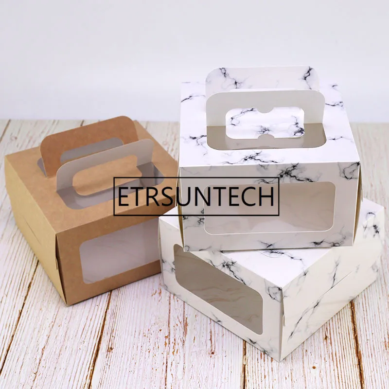 

100pcs/lot 4 inch cake box with window handle Kraft paper cheese cake box kids Birthday wedding home Party supply