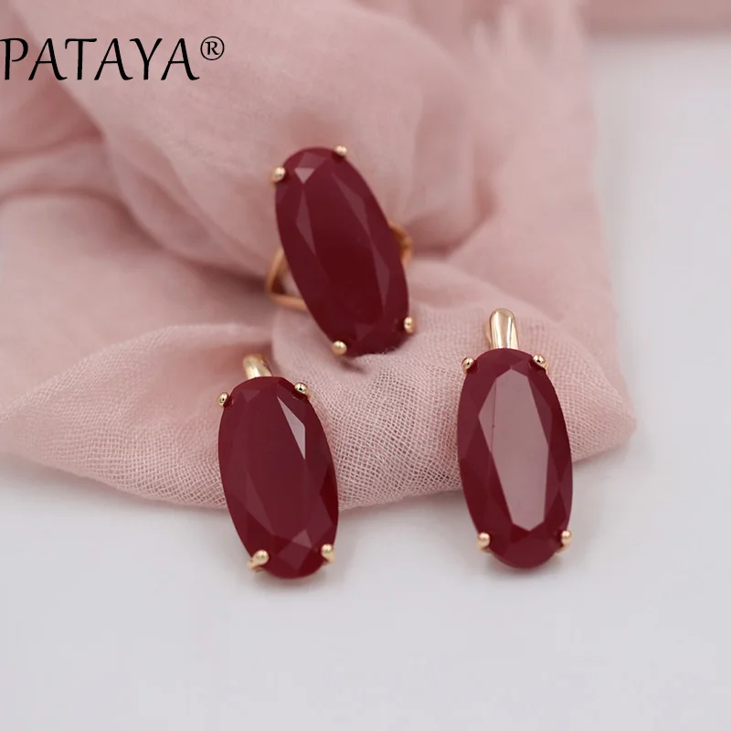 PATAYA New 585 Rose Gold Color Jewelry Sets Oval Artificial Cubic Zircon Big Dangle Earrings Ring Sets Women Vintage Jewelry Set