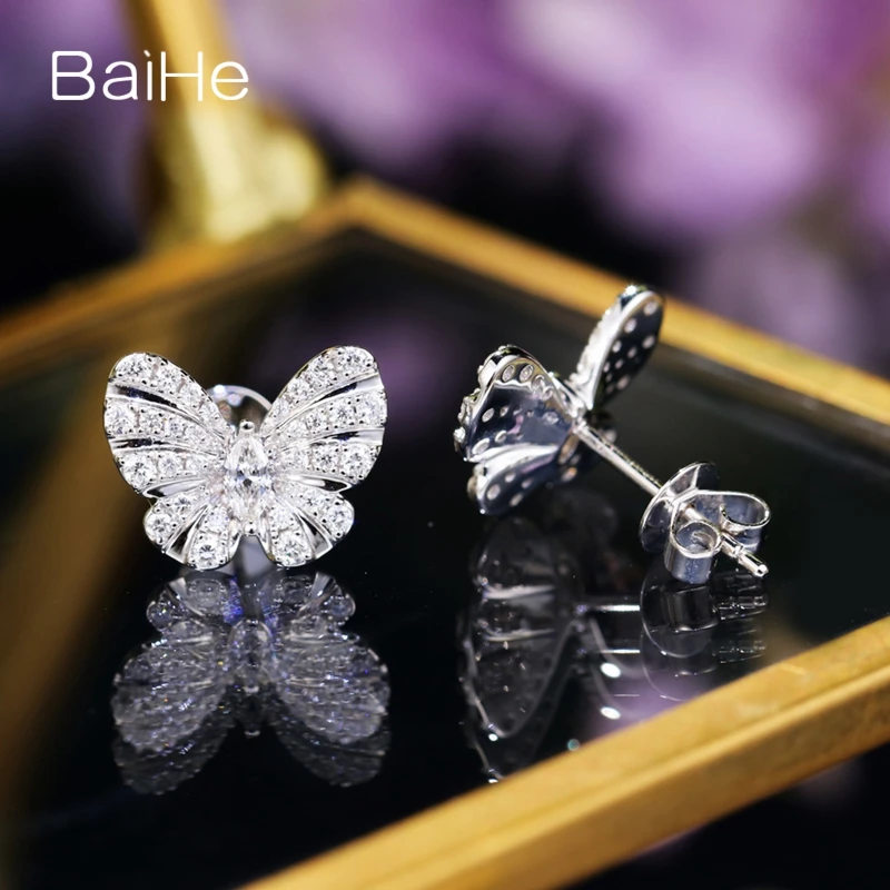 BAIHE Real Solid 14K White Gold H/SI Natural Diamond Butterfly Stud Earrings Women Trendy Fine Jewelry Making Aretes de Mariposa