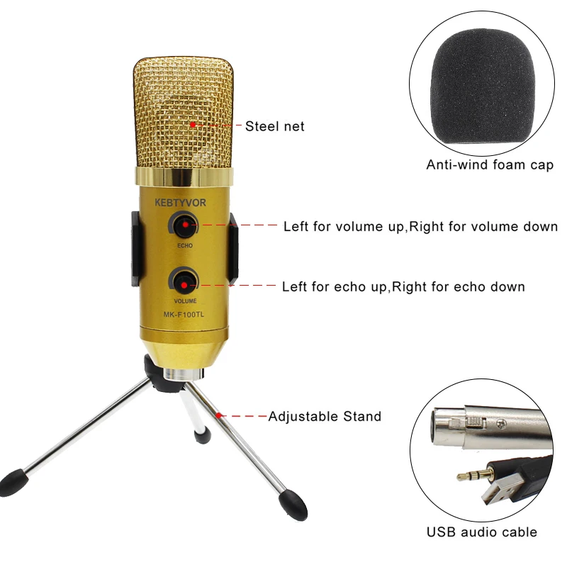 MK-F100TL USB 2.0 Condenser Sound Recording Audio Processing Wired Microphone with Stand for Radio Braodcasting KTV Karaoke