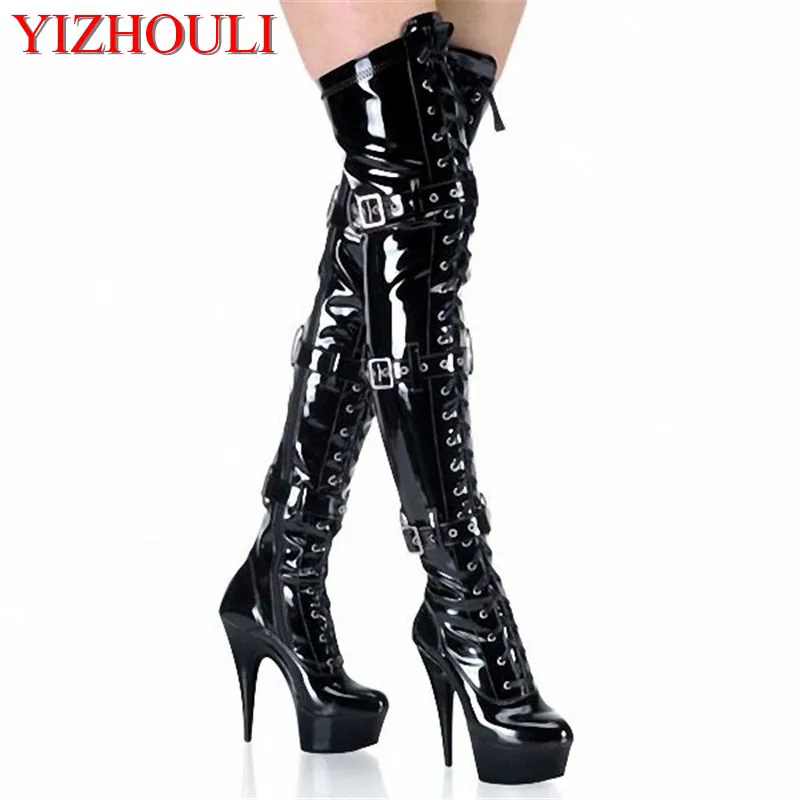 15CM High-Heeled Shoes Platform Front Buckle Strap Over The Knee Boots Round Toe Boots Ladies\' 6 Inch Sexy Thigh High dance shoe