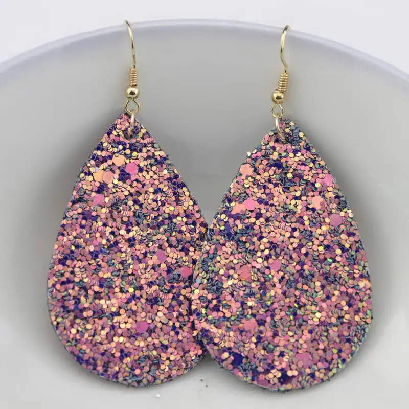 Glitter Teardrop Leather Earrings for Women Faux Leather Water Drop Earrings Wholesale Classic Jewelry