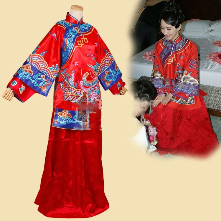 

Hu Jing Red Blue Delicate Embroidery Traditional Chinese Wedding Hanfu Bride Costume Xiu He Fu for Wedding Photography