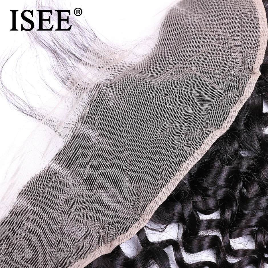 ISEE HAIR Brazilian Deep Wave Frontal Lace Closure With Baby Hair 100% Remy Human Hair Extensions 13*4 Hand Tied Hair Extension