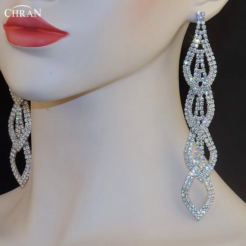 CHRAN Luxury Silver Plated Exaggerated Rhinestone Bridal Jewelry Fashion Link Drop Ultra Long Tassel Crystal Earrings for Women