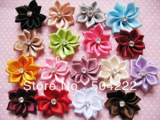 

200pcs satin ribbon flowers with Rhinestones-Mix colors 25-30mm wholesale free shipping