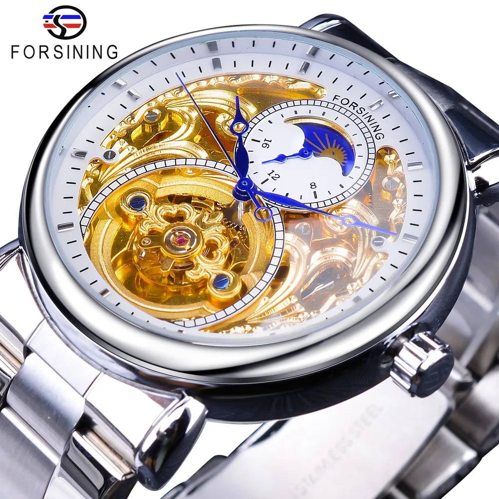 Forsining 2019 White Golden Skeleton Wrist Watches Blue Hands Silver Stainless Steel Men Mechanical Watch Waterproof Design