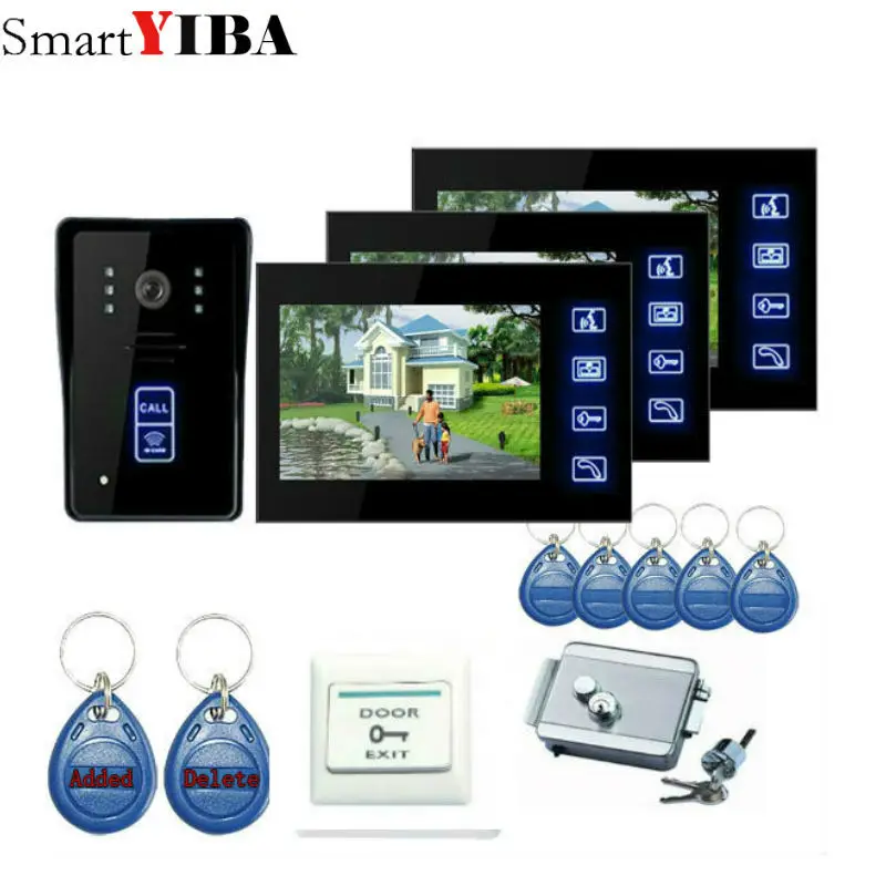 SmartYIBA-visiophone 1 ~ 3 maisons, écran 7 pouces TFT LCD, interphone vidéo avec carte d\'identité RFID 5 pièces