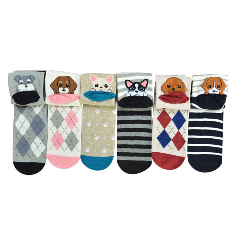 

3 Pairs Women Comfotable Cotton Short Socks Funny Cartoon Dogs Teddy Shepherd Schnauzer Pattern Happy Sock Striped Female Meias