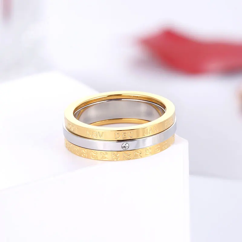 New Rotatable Month And Date Crystal Ring For Women Top Quality Stainless Steel Gold And Silver Color Ring Wedding Jewelry