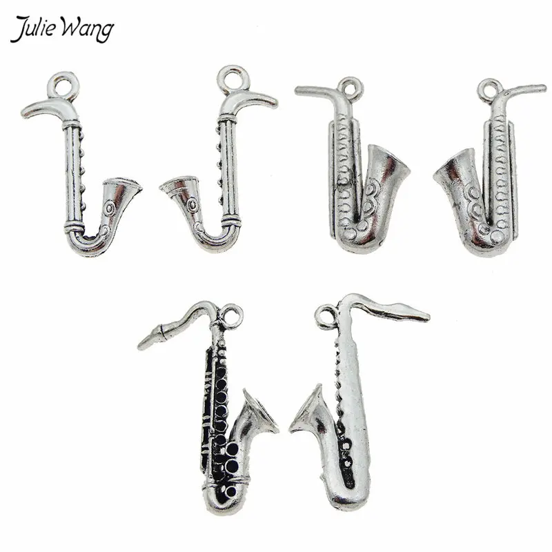 Julie Wang 6pcs Mixed Music Instrument SaxoPhone Charms Antique Silver Color Alloy Pendant Jewelry Keychain Necklace Accessory