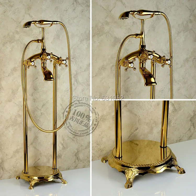 Free shipping Floor Mounted Gold Plate Bathtub Faucet Double Handle antique Brass Mixer Tap Bath & Shower Faucets Wholesale