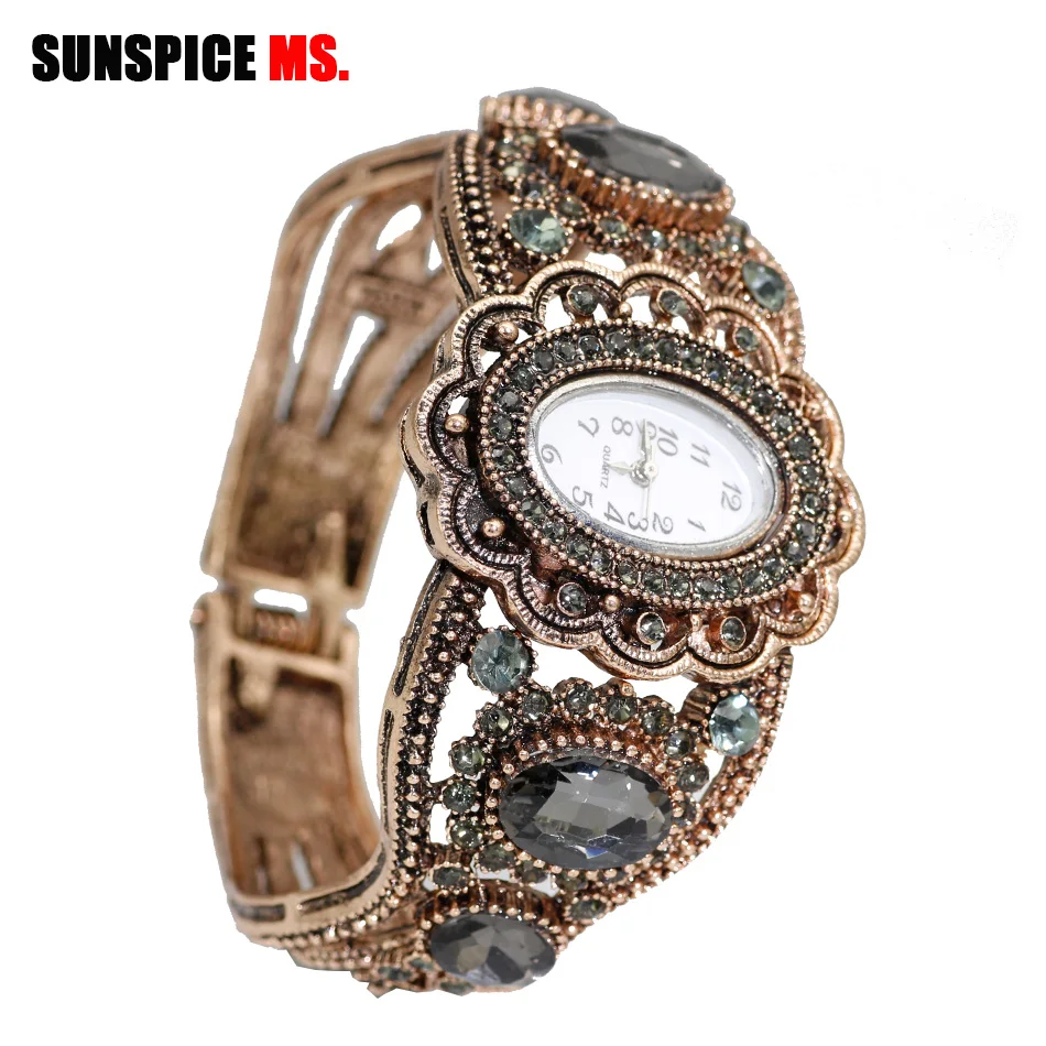 SUNSPICE-MS Quartz Wristwatch Retro Vintage Bangle Cuff Watch Women Antique Gold Color Hollow Flower Indian Jewelry Gray Crystal