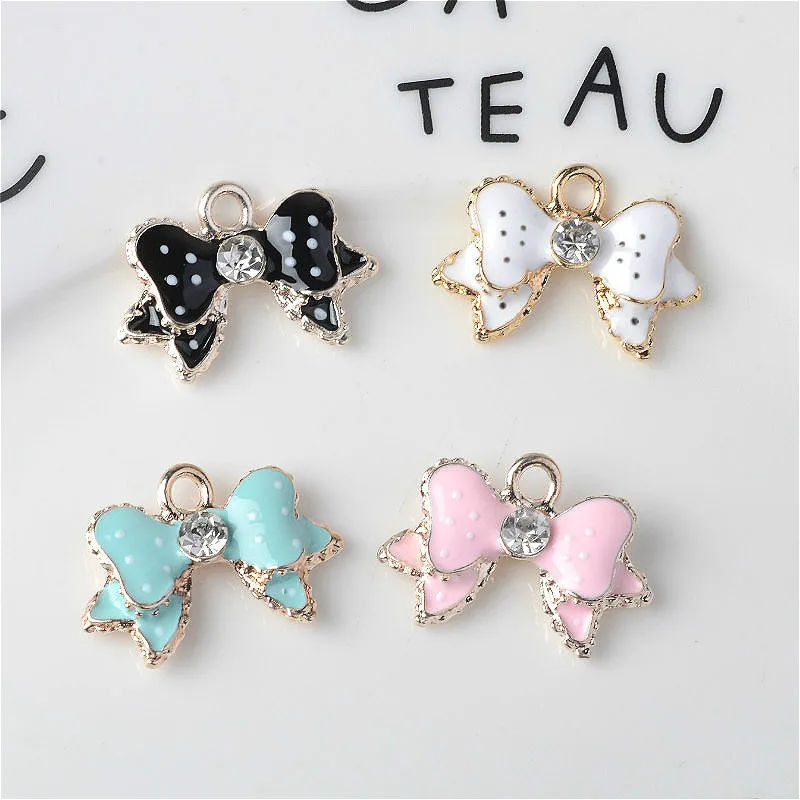 

50pcs 17*24mm Alloy Gold Color Oil drop Crystal Bow Charms Enamel Bow Pendants for Earring DIY Jewelry Findings wholesale