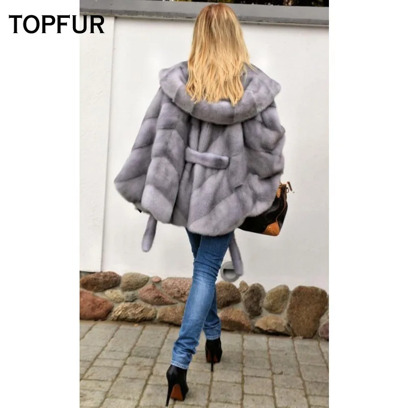 TOPFUR New Arrive Solid GenuineMink Fur Coat Women Natural Gray Mink Fur Coats With Hood Solid Batwing Sleeve Warm Mink