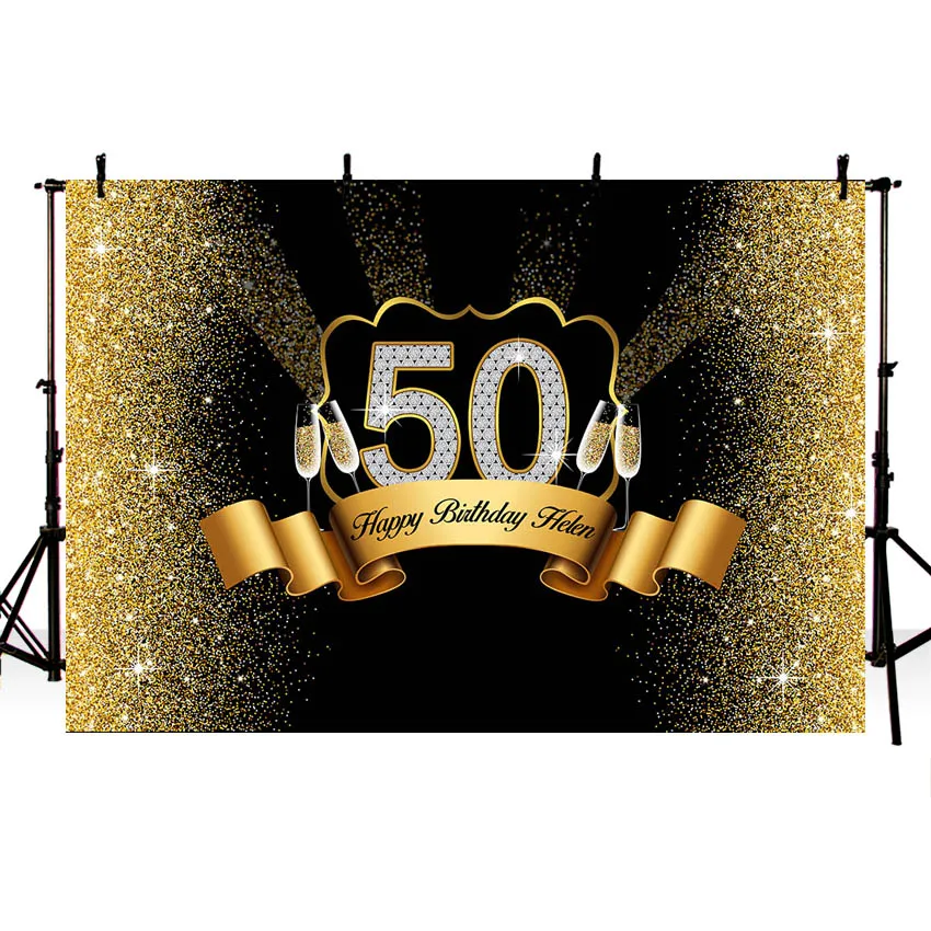 Photography Backdrop Custom Gold Silk Ribbon 50th Birthday Party Gold Glitter Light Black Backgrounds for Photo Studio Photocall