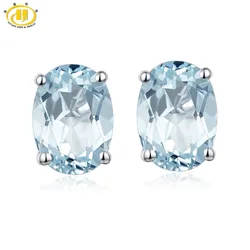 HUTANG Aquamarine Women's Stud Earrings Natural Blue Gemstone Solid 925 Sterling Silver Fine Elegant Classic Jewelry for Gift