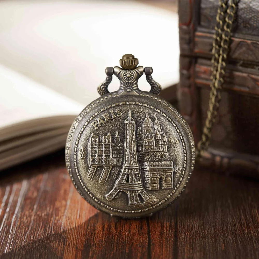 Pair View Pocket Watch Antique Eiffel Tower Bronze Full Hunter Pocket Watches Necklace Fob Clock With Necklace Women Men Gifts