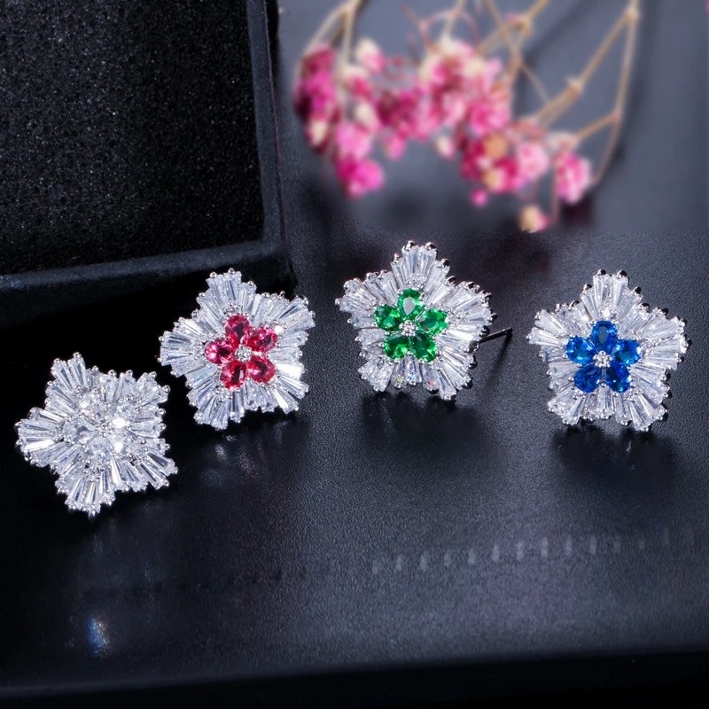 CWWZircons Brand Ladies Fashion Jewelry AAA Cubic Zirconia Snow Flower Pendant Necklace Earring Sets for Women Gift T208