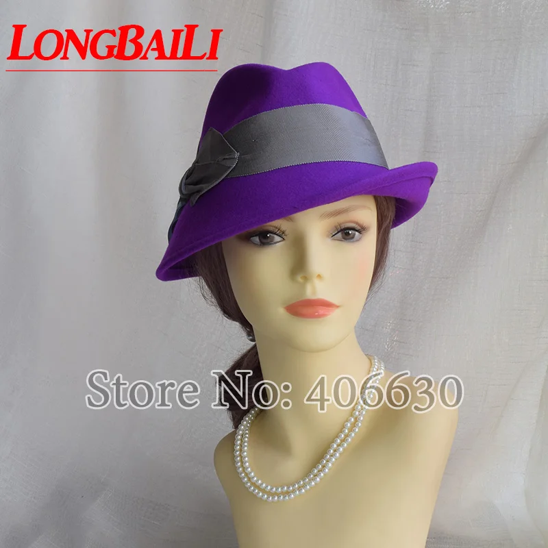 LongBaiLi Winter Women Purple Wool Felt Fedoras Female Chapeau Feminino Panama Jazz Hats Free Shipping PWFR005