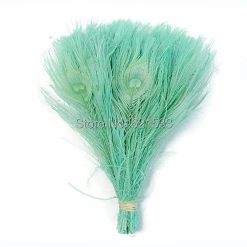 Mint Green Feathers, 100pcs/lot - AQUA Bleached and Dyed Tails Peacock Feathers,25-30cm long