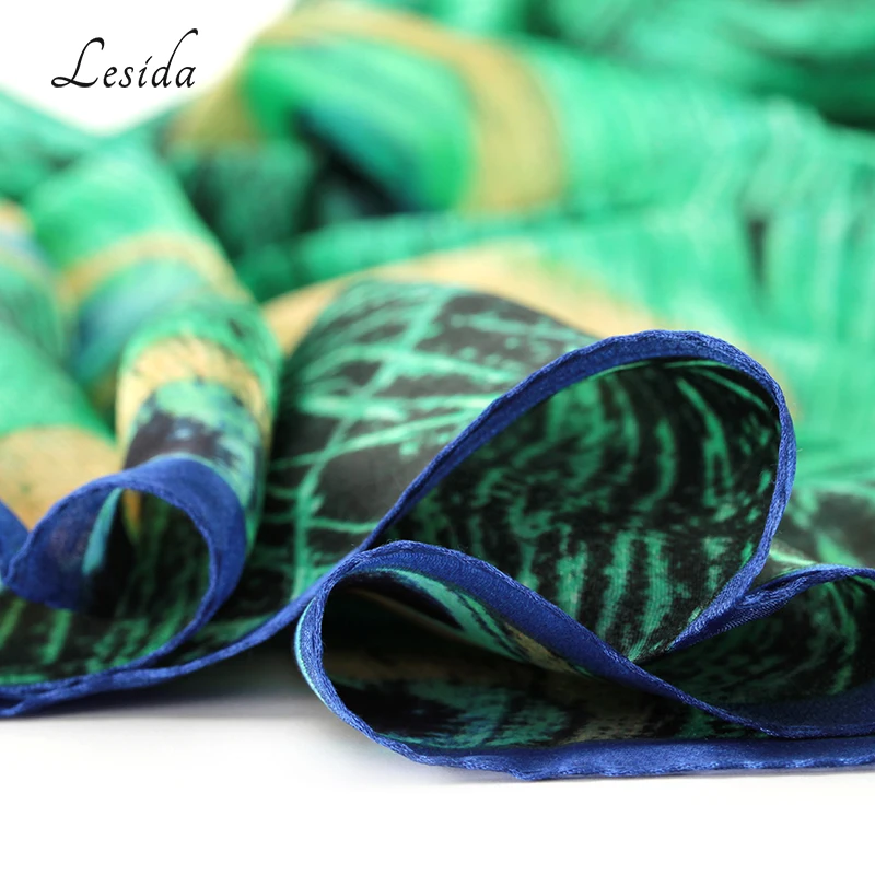 LESIDA Luxury Brand Women Green Silk Shawl Peacock Feather Print Scarves Big Size Echarpes Femme Cachecol Foulards 180*90CM 3004