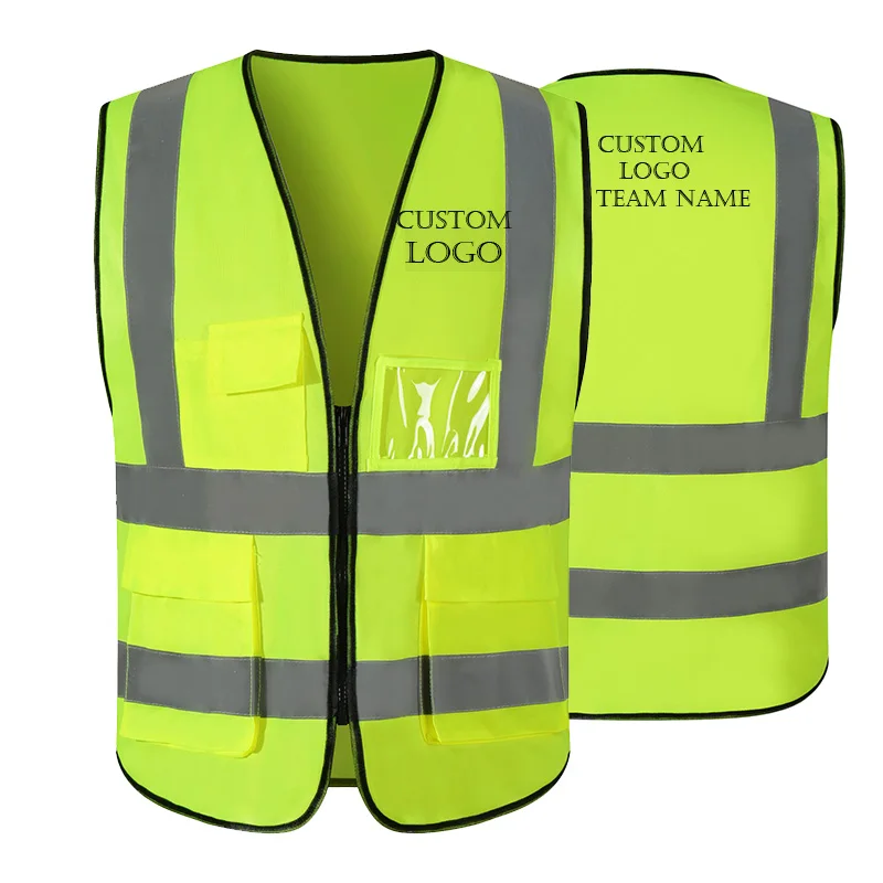 Tùy Chỉnh Logo Phản Quang An Toàn Áo Vest Sáng Màu Neon Với 2 Inch Dải Dây Phản Quang-Cam Viền-Dây Kéo Trước Trung Bình free Size